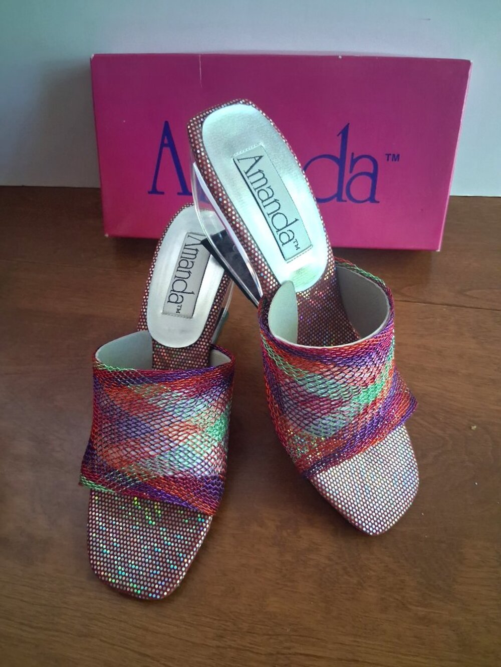 VINTAGE Amanda-Helene Multi-Woven Clear Lucite Wedge Slides Sandals 7.5M